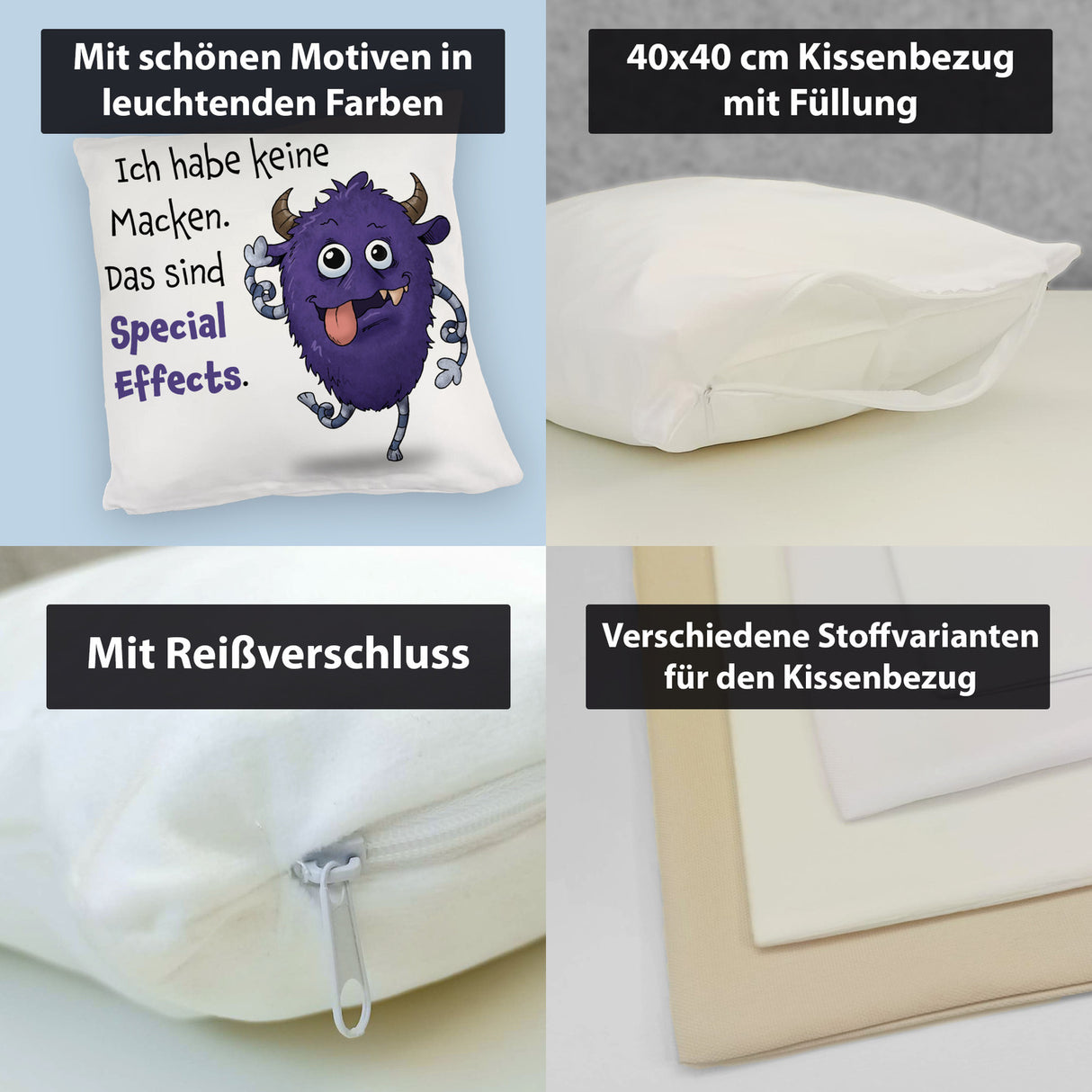 Freches Monster in dunkelblau Kissen mit lustigem Spruch