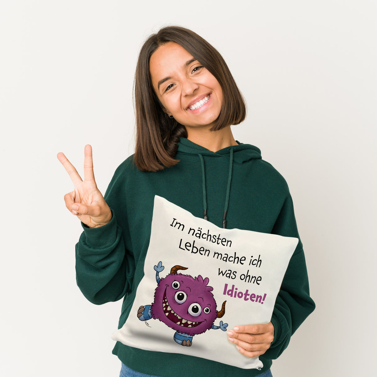 Freches Monster in dunkelblau Kissen mit lustigem Spruch
