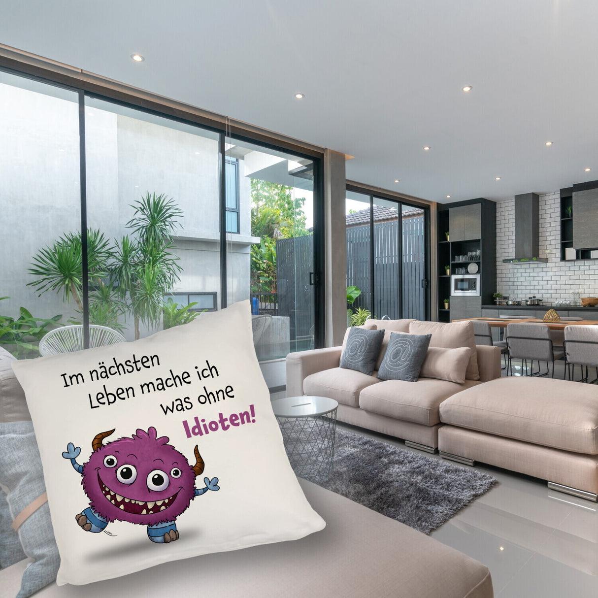 Freches Monster in dunkelblau Kissen mit lustigem Spruch