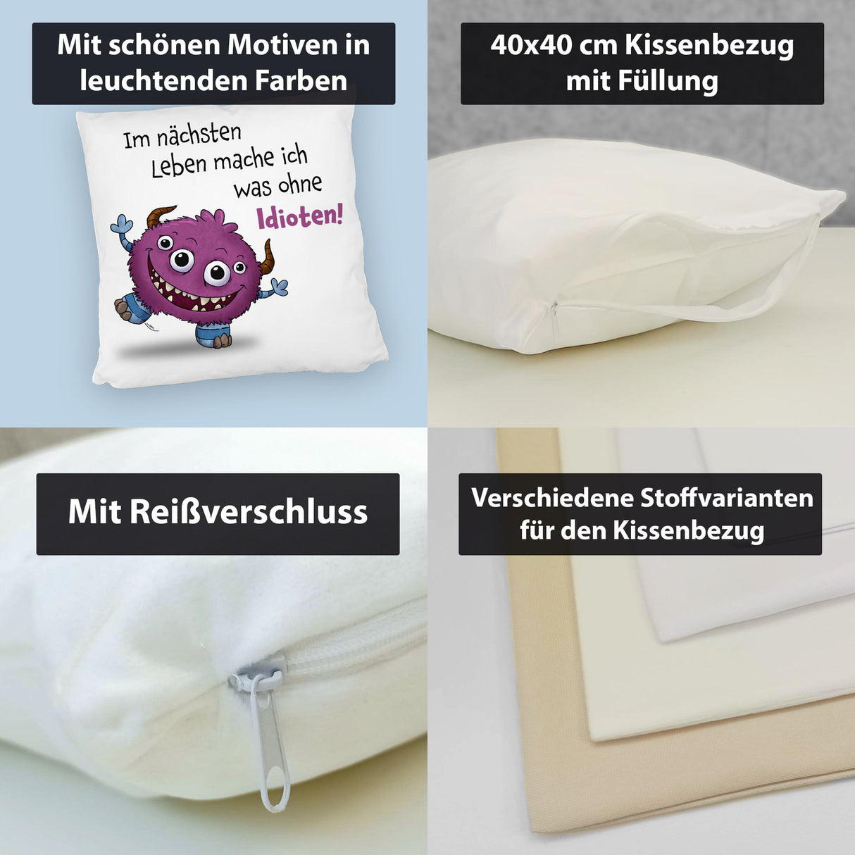 Freches Monster in dunkelblau Kissen mit lustigem Spruch