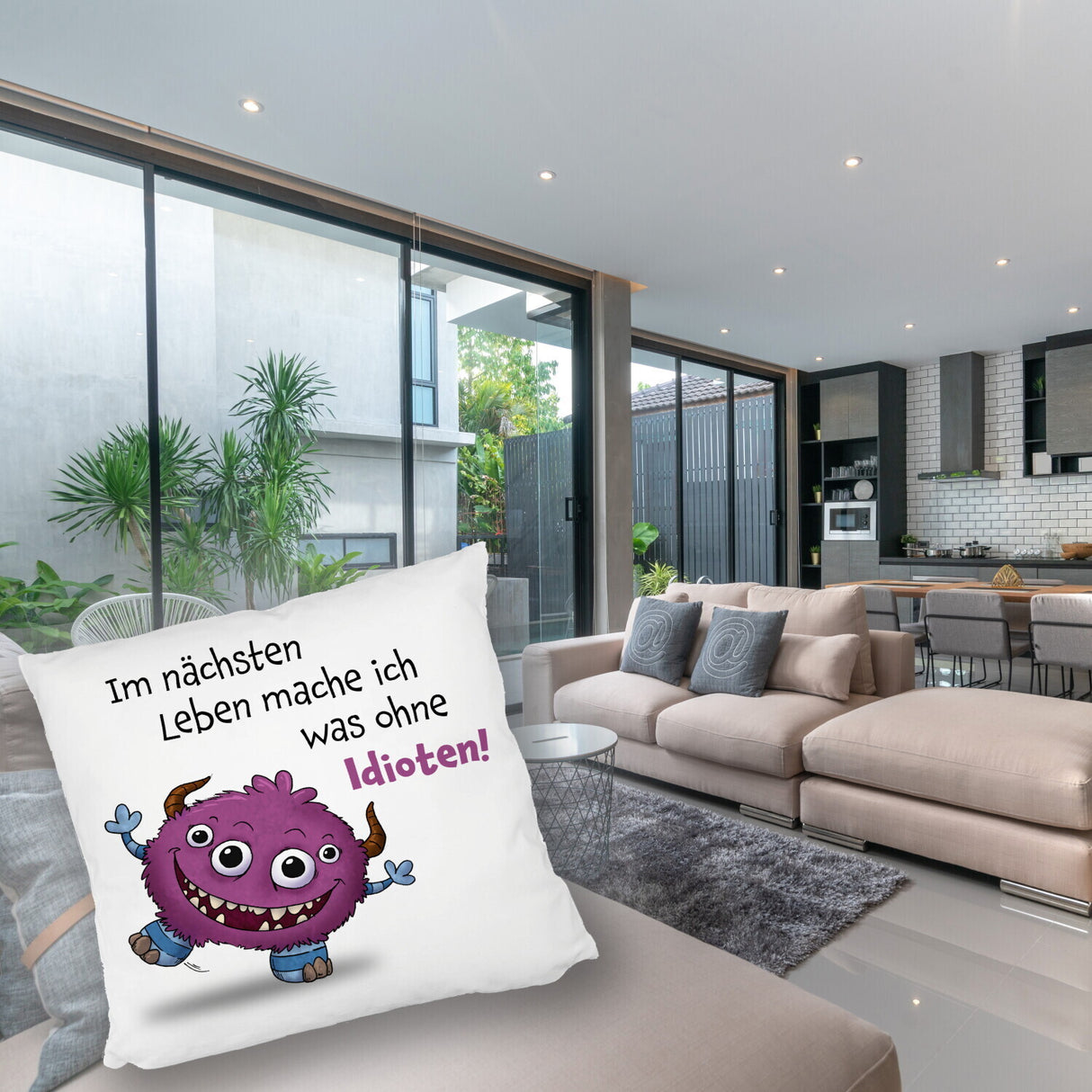 Freches Monster in dunkelblau Kissen mit lustigem Spruch