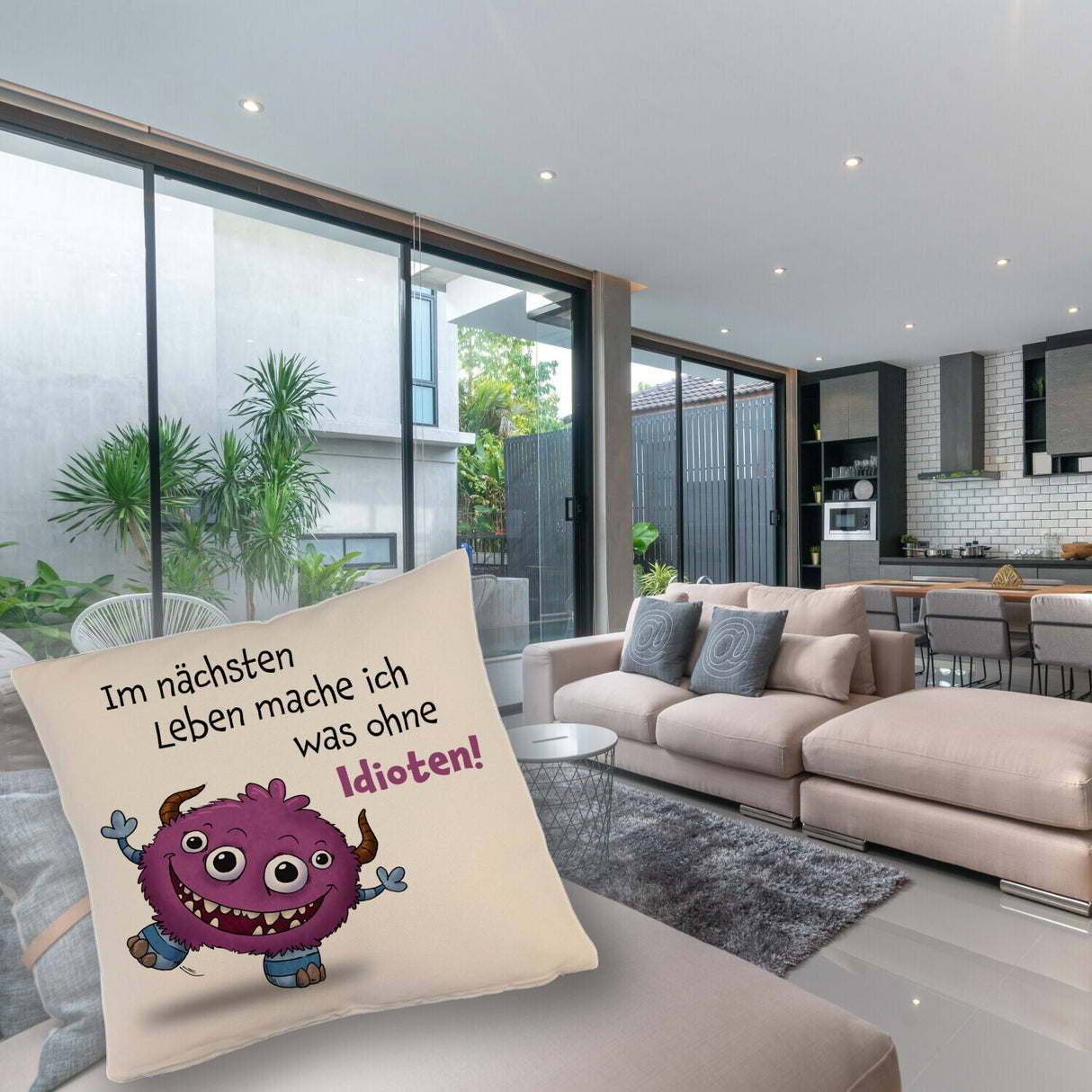 Freches Monster in dunkelblau Kissen mit lustigem Spruch