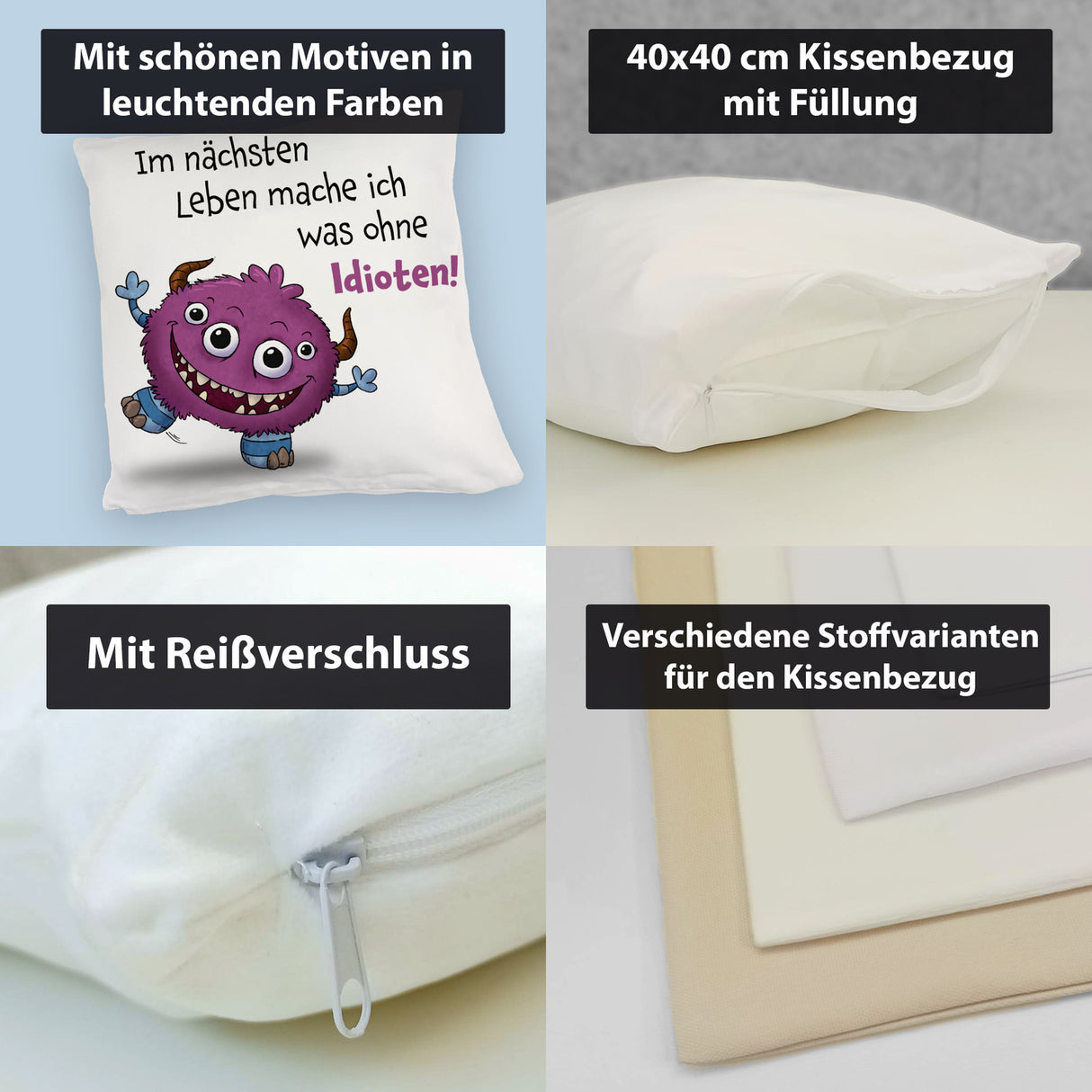 Freches Monster in dunkelblau Kissen mit lustigem Spruch