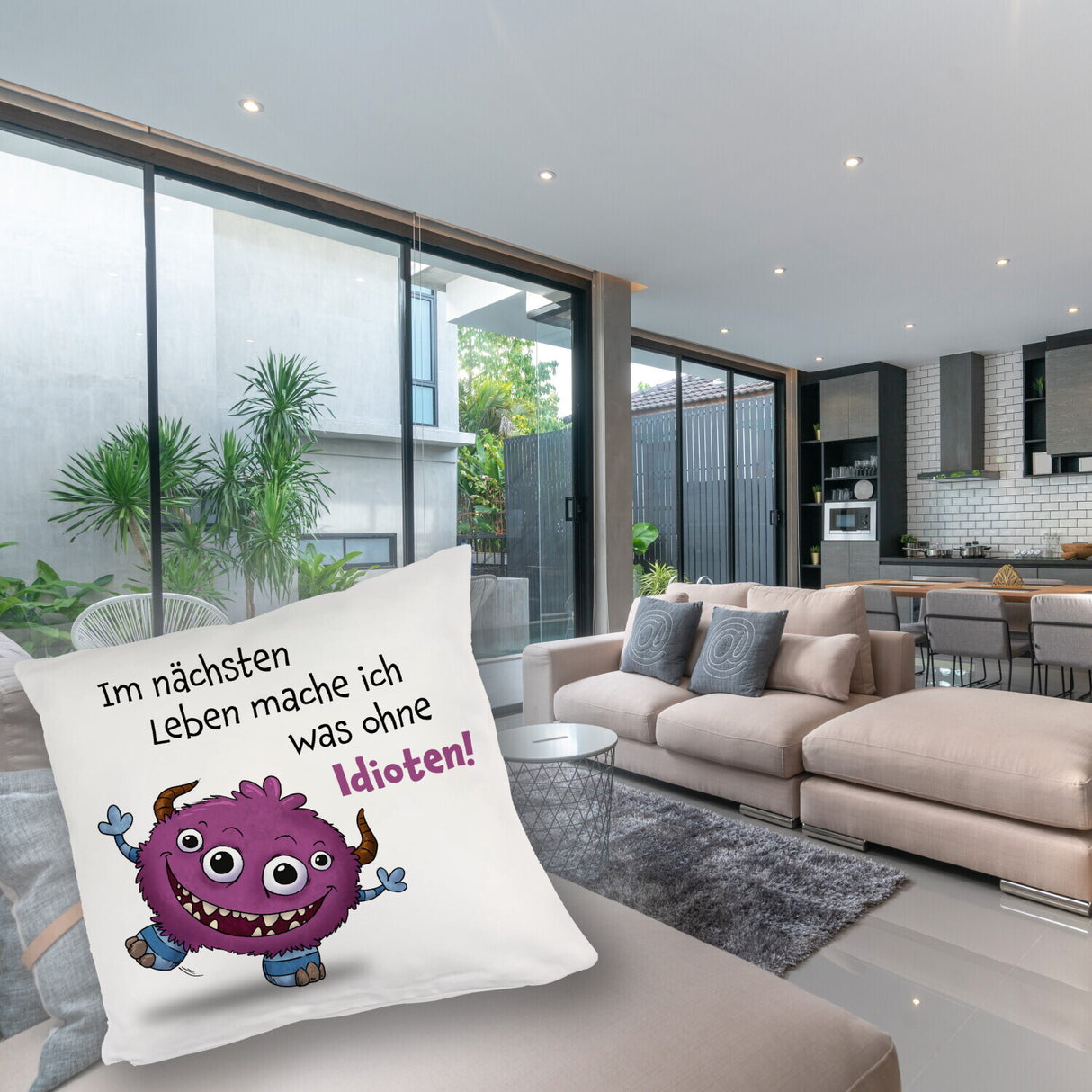 Freches Monster in dunkelblau Kissen mit lustigem Spruch