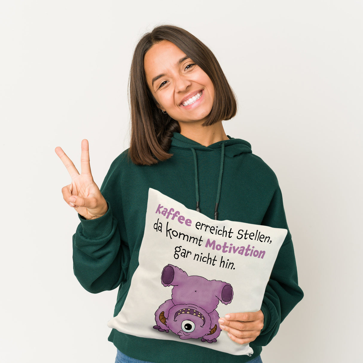 Freches Monster in dunkelblau Kissen mit lustigem Spruch