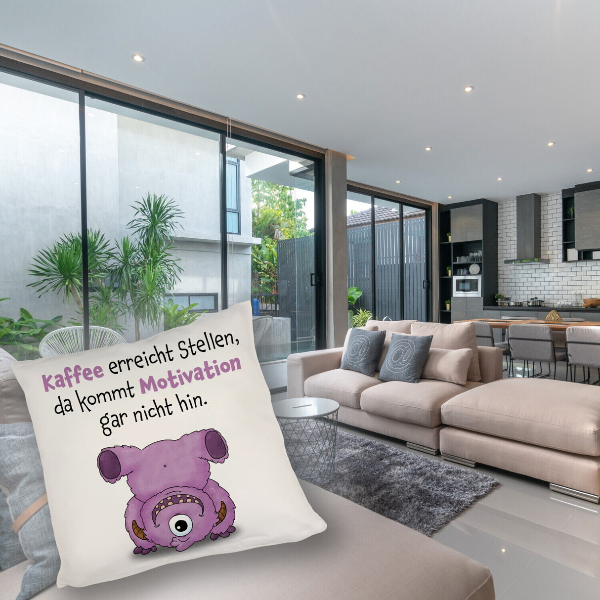 Freches Monster in dunkelblau Kissen mit lustigem Spruch
