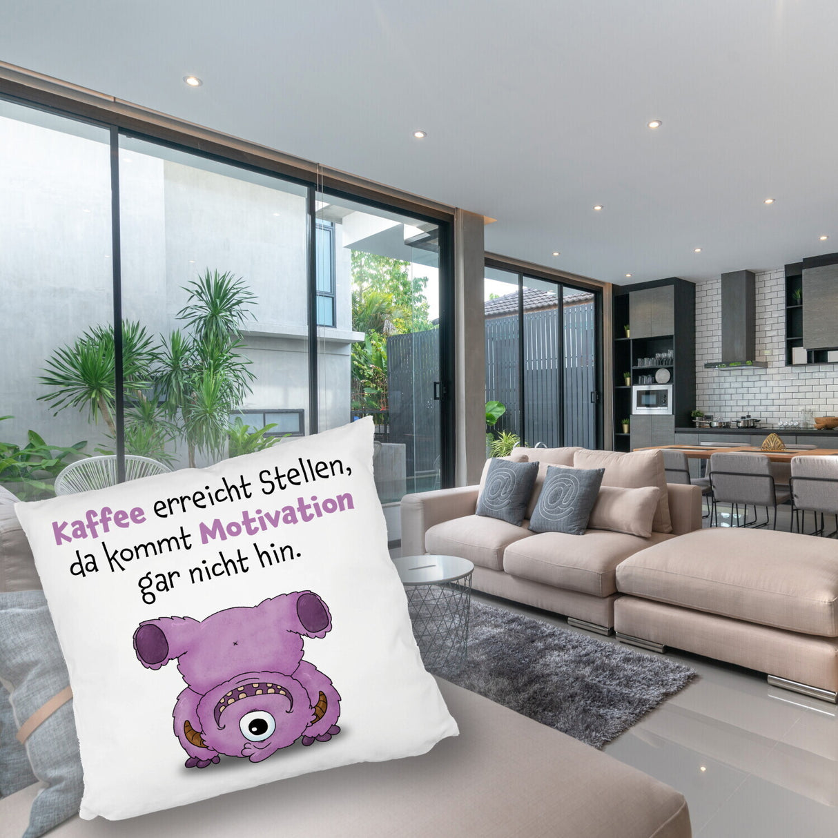 Freches Monster in dunkelblau Kissen mit lustigem Spruch