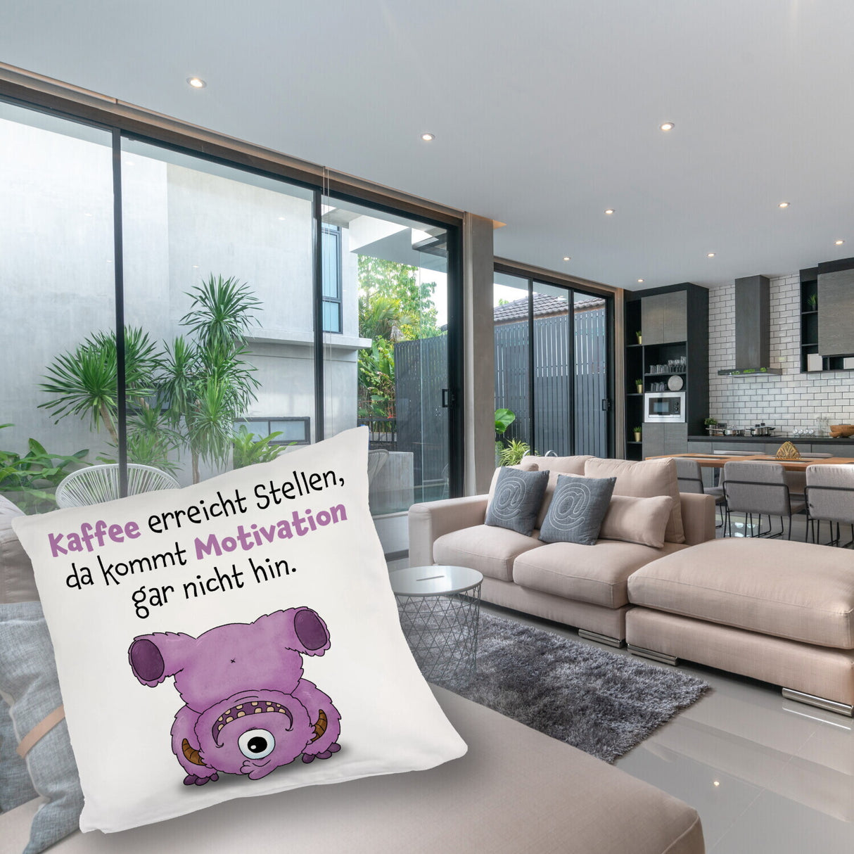 Freches Monster in dunkelblau Kissen mit lustigem Spruch