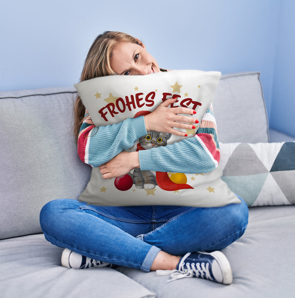 Katze mit Mütze Kissen mit Spruch Frohes Fest