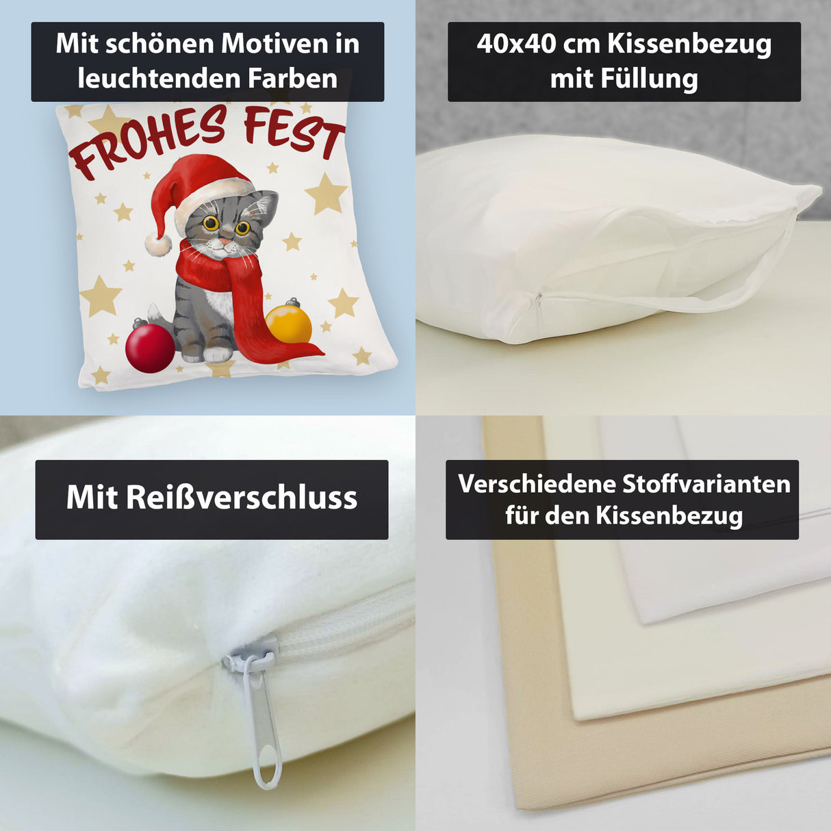 Katze mit Mütze Kissen mit Spruch Frohes Fest