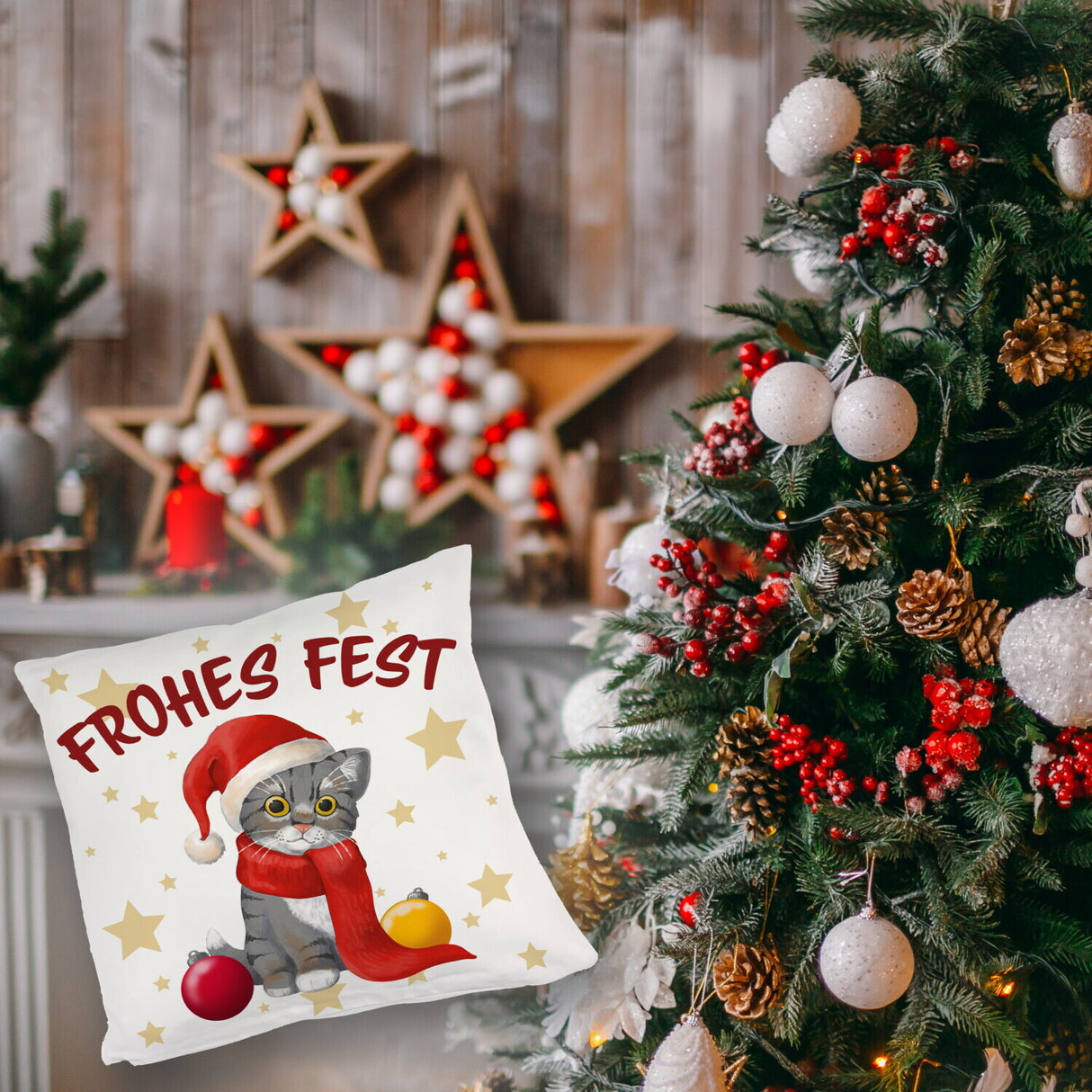 Katze mit Mütze Kissen mit Spruch Frohes Fest