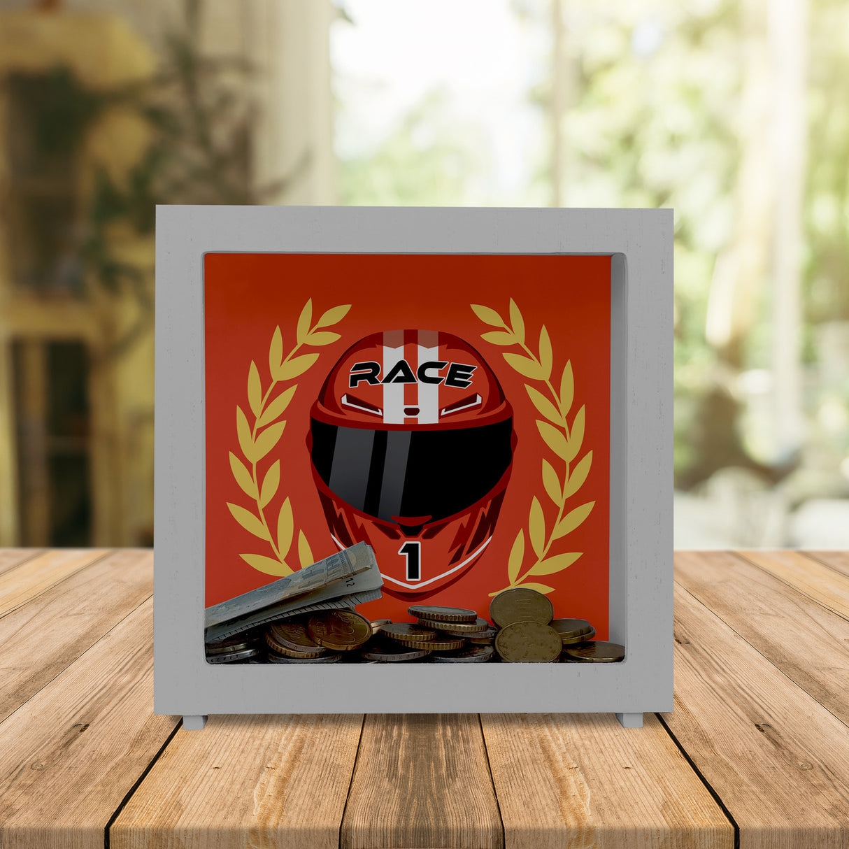 Motorsport-Helm Spardose mit Siegerkranz