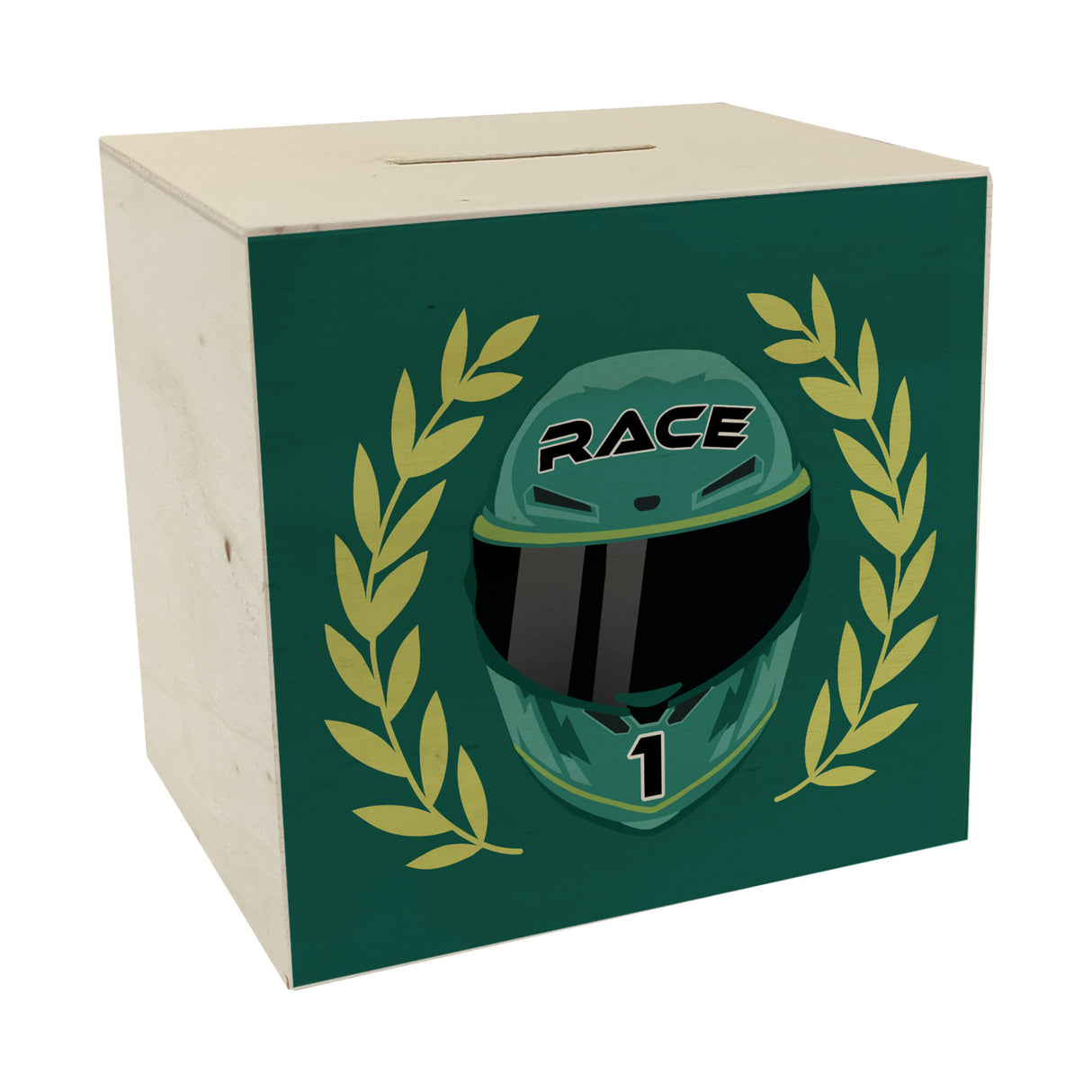 Motorsport-Helm Spardose mit Siegerkranz