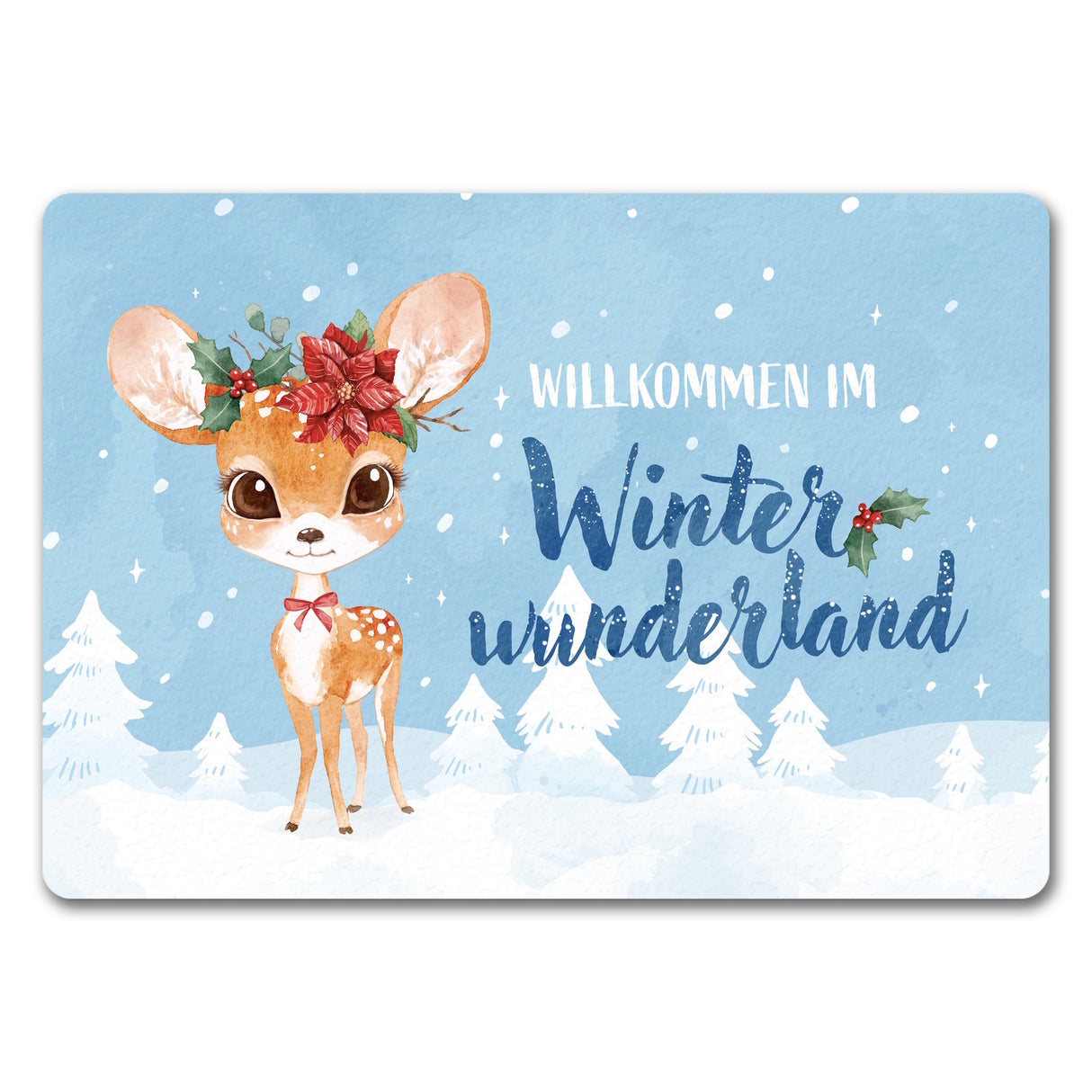 Rehkitz Fußmatte in 35x50 cm mit Spruch Willkommen im Winterwunderland