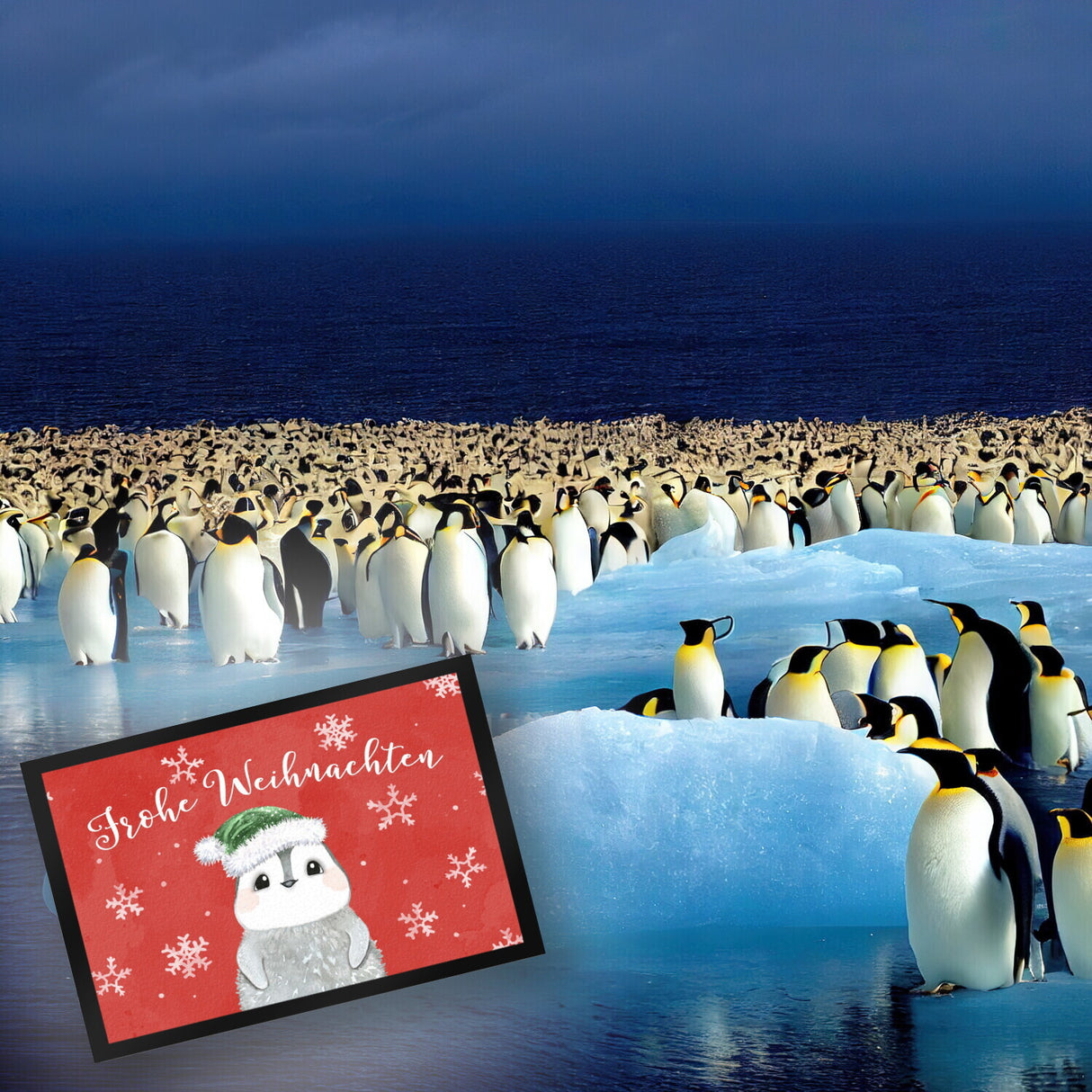 Pinguin mit Weihnachtsmütze Fußmatte in 35x50 cm und Spruch Frohe Weihnachten