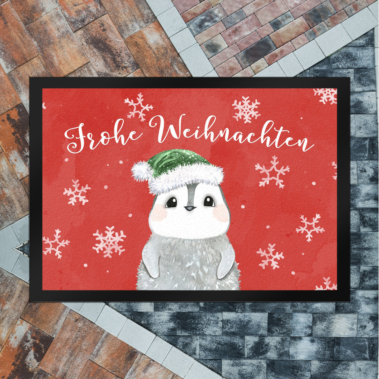Pinguin mit Weihnachtsmütze Fußmatte in 35x50 cm und Spruch Frohe Weihnachten