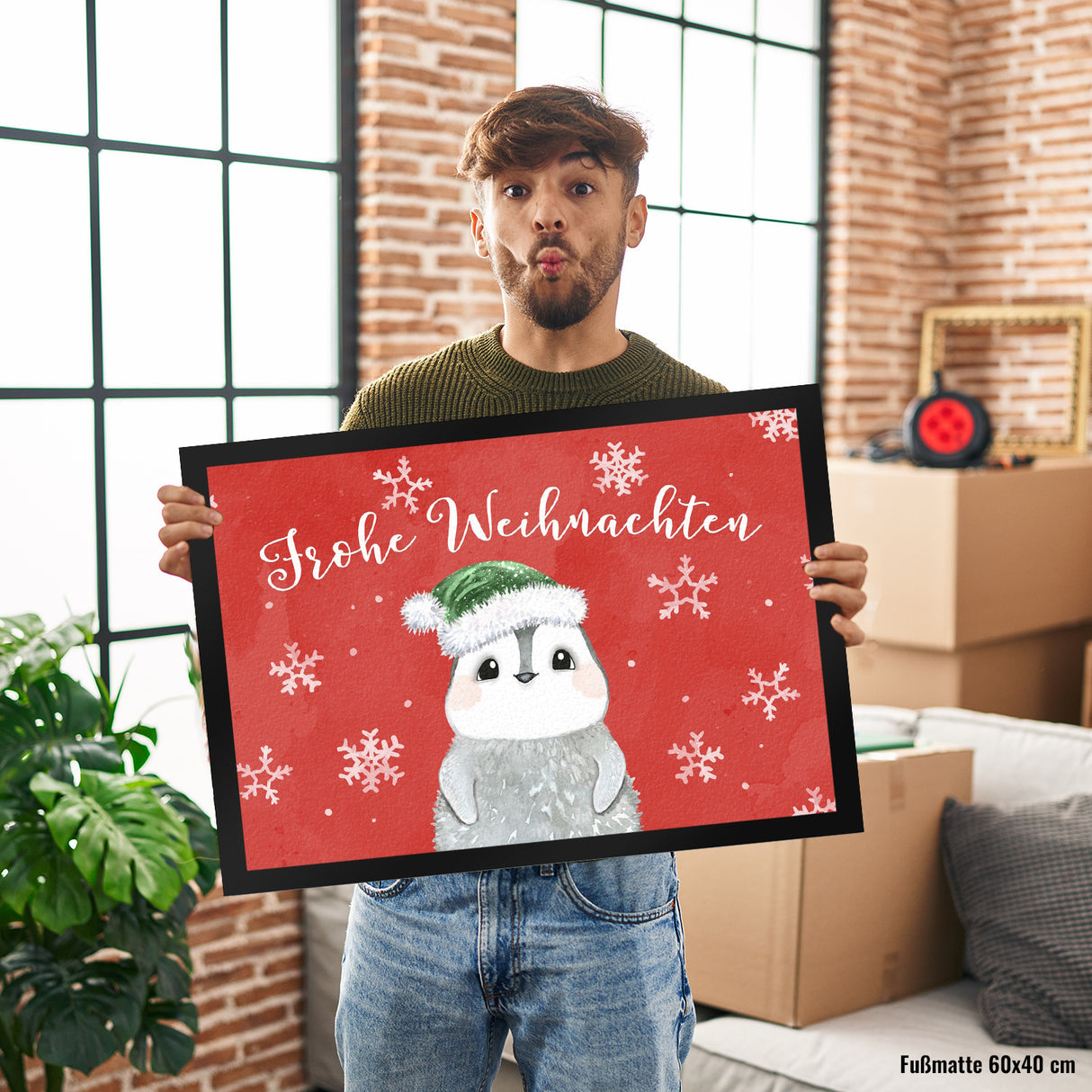 Pinguin mit Weihnachtsmütze Fußmatte in 35x50 cm und Spruch Frohe Weihnachten