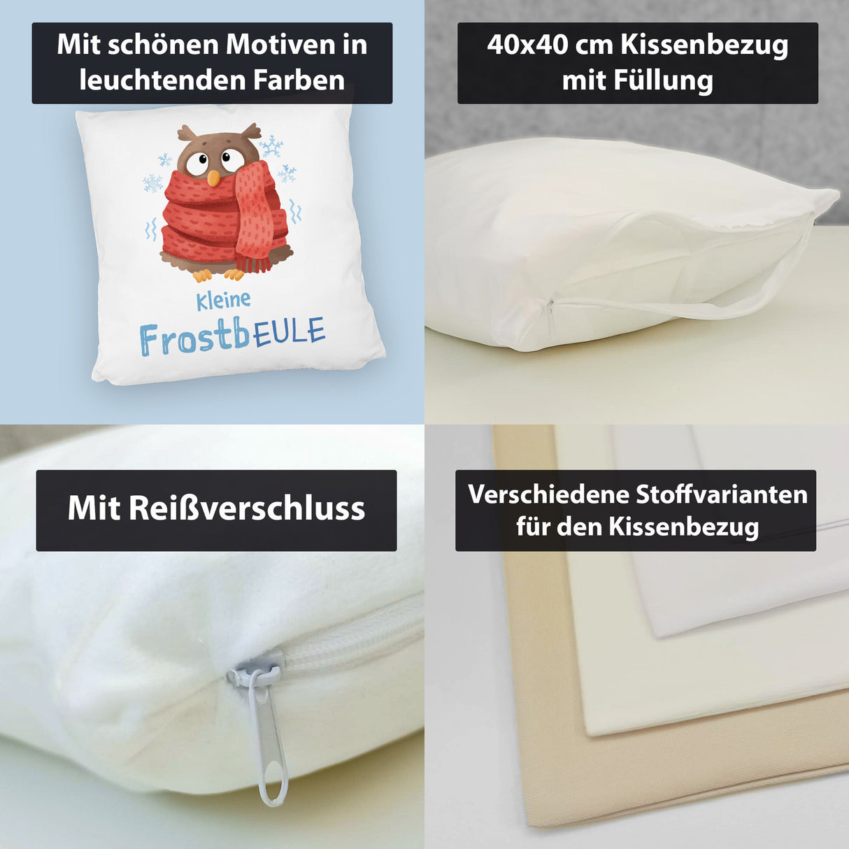 Kleine Frostbeule Kissen mit Spruch niedlicher Eule
