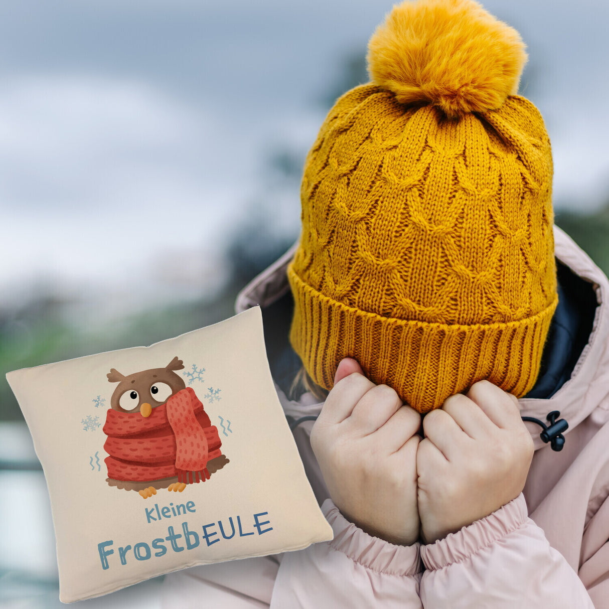 Kleine Frostbeule Kissen mit Spruch niedlicher Eule