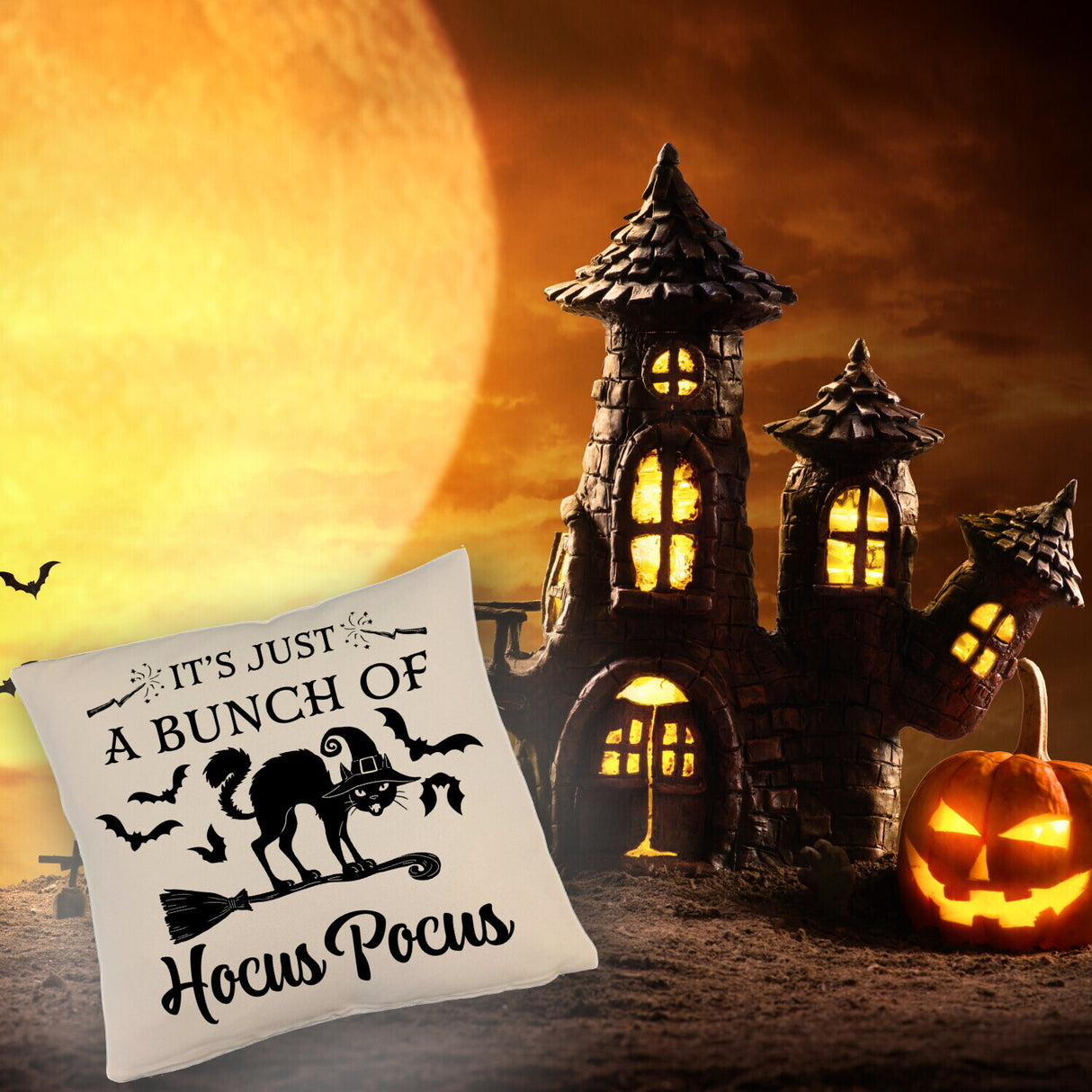 Schwarze Katze Halloween Kissen mit Spruch A Bunch of Hocus Pocus