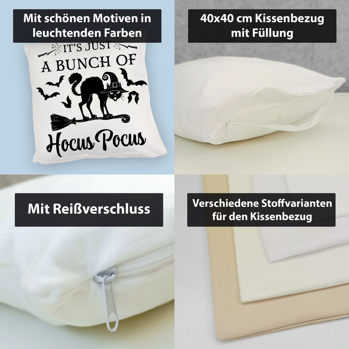 Schwarze Katze Halloween Kissen mit Spruch A Bunch of Hocus Pocus