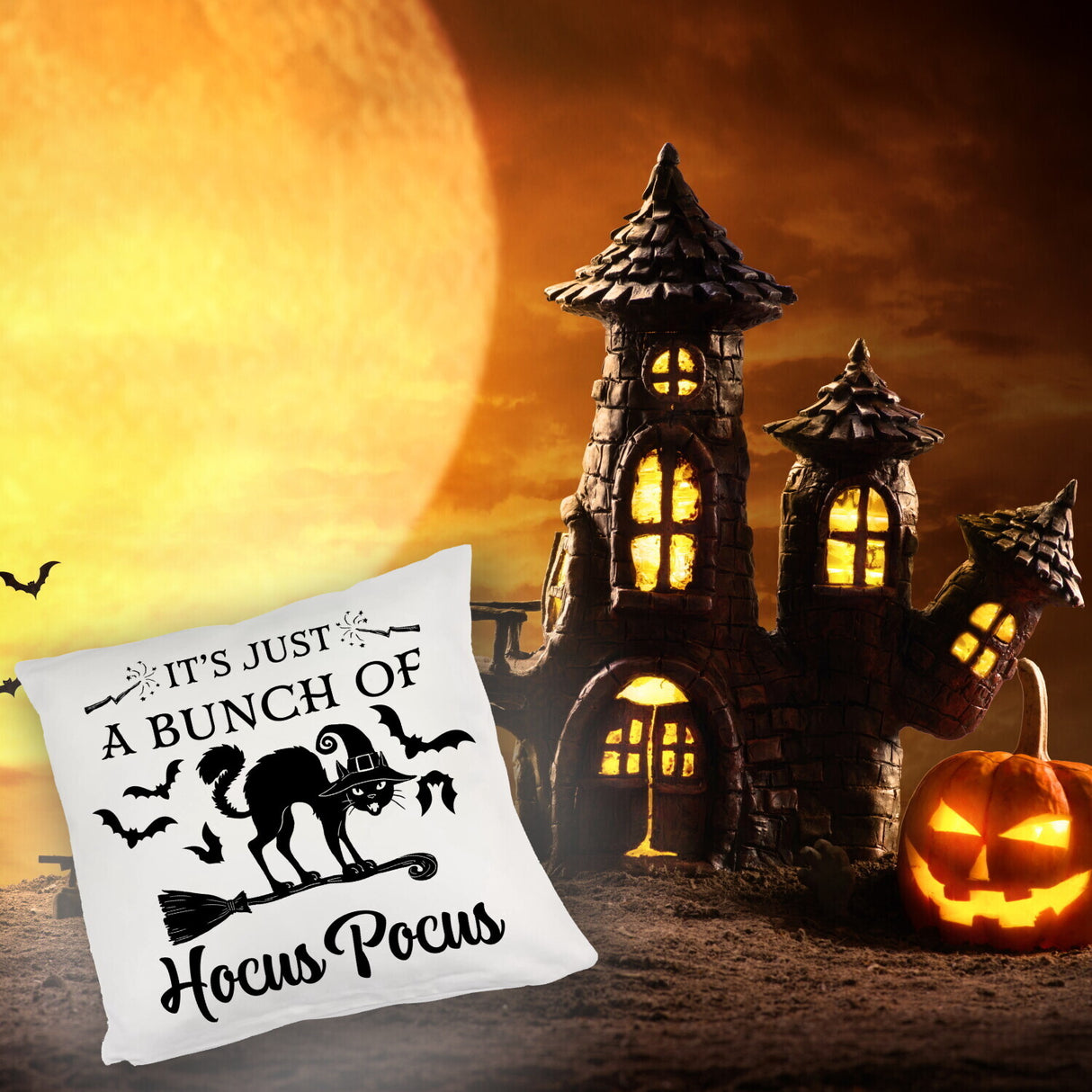 Schwarze Katze Halloween Kissen mit Spruch A Bunch of Hocus Pocus