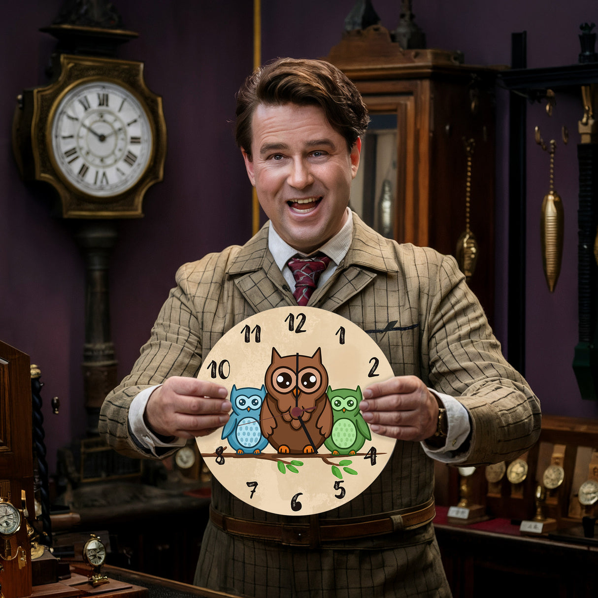 Eulen auf Ast Wanduhr