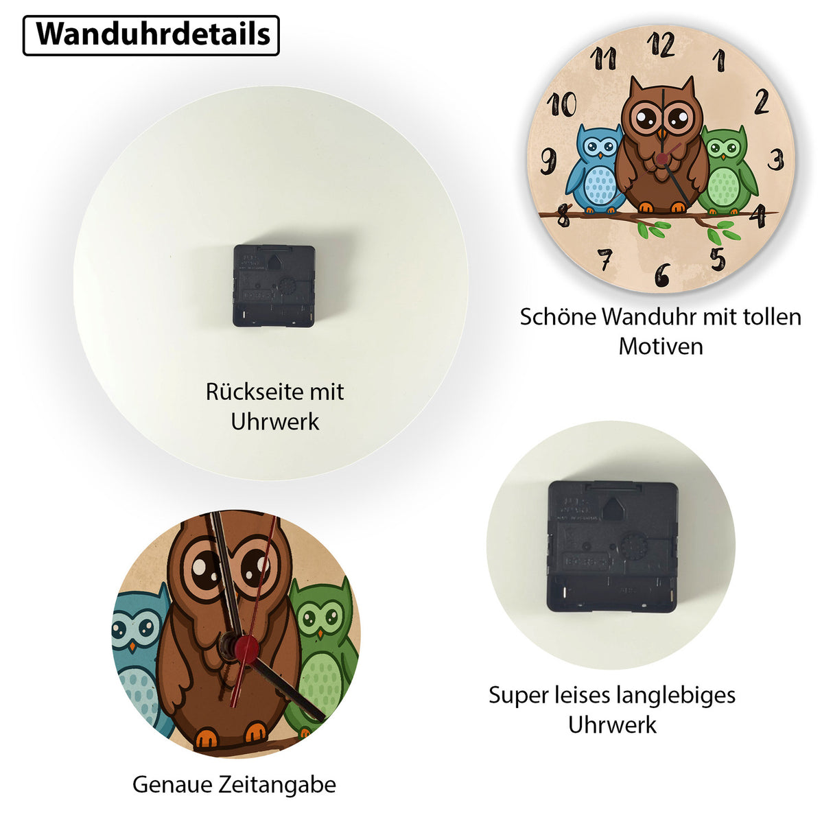 Eulen auf Ast Wanduhr