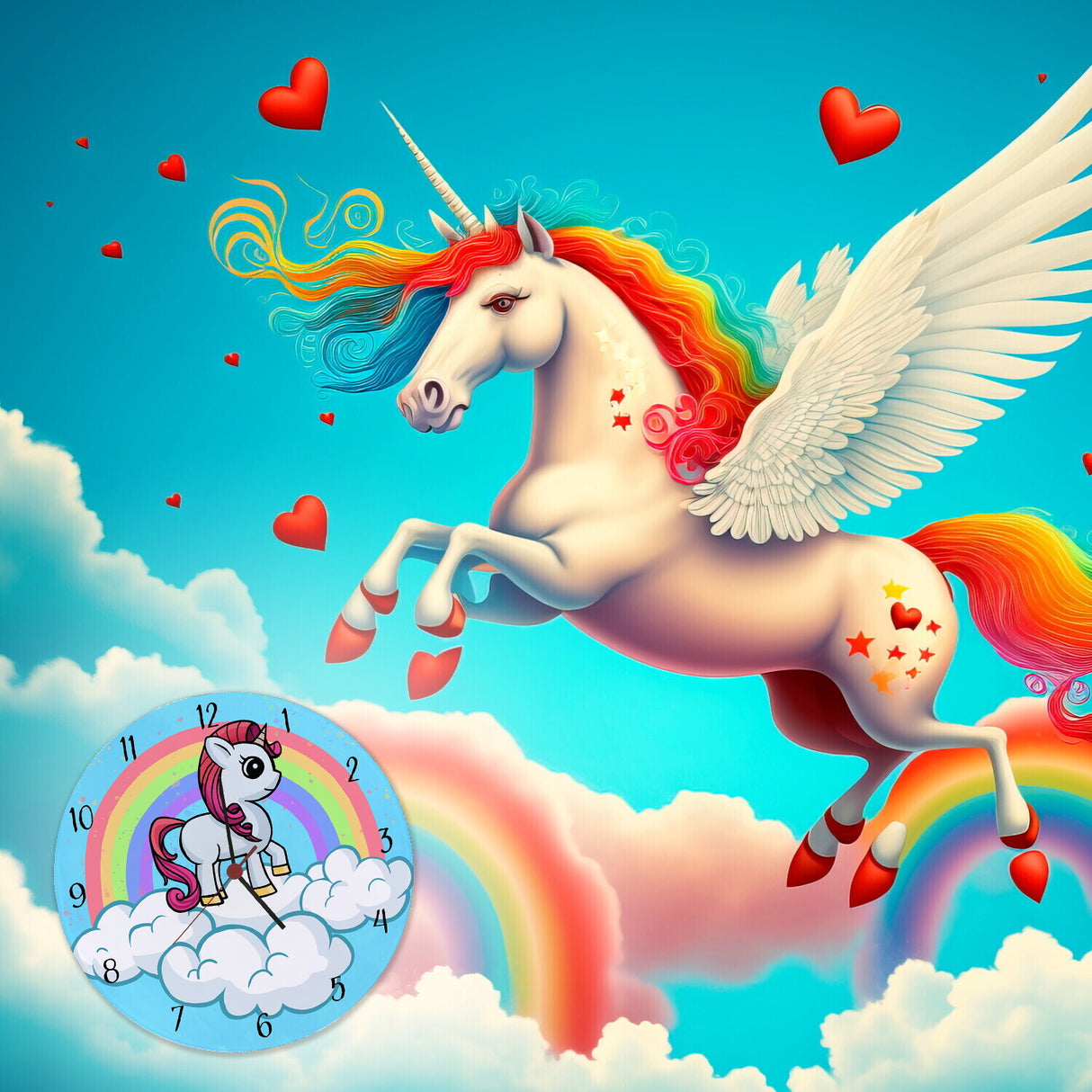 Einhorn mit Regenbogen Mädchen Wanduhr
