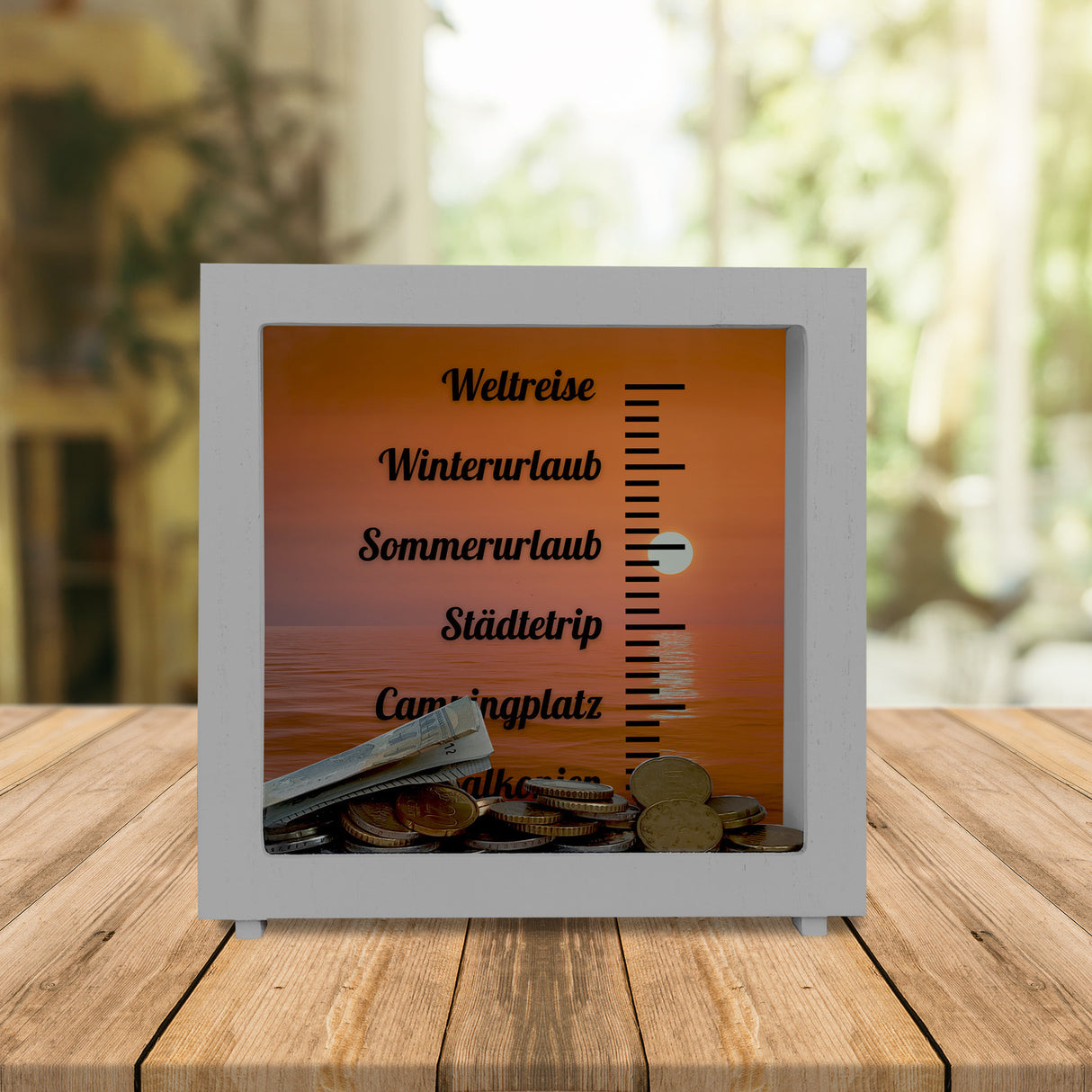 Urlaubsziele Spardose mit Spruch