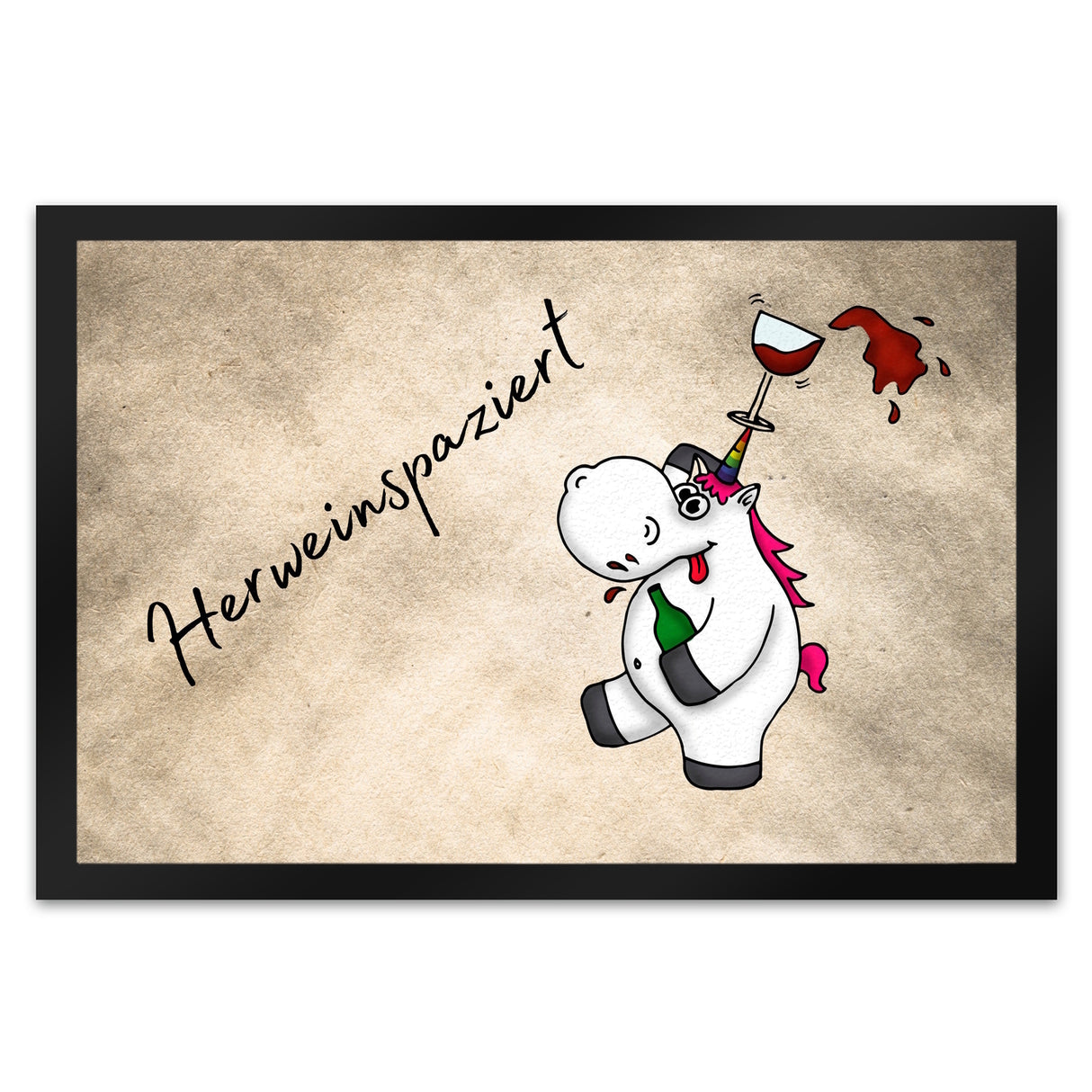 Einhorn Wein Fußmatte in 35x50 cm mit Spruch Herweinspaziert
