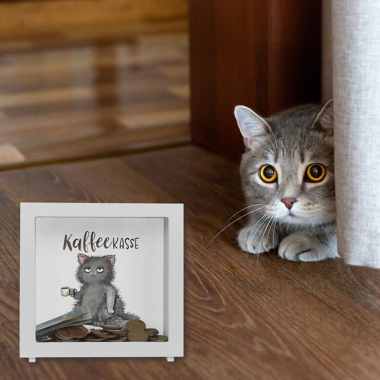 Katze mit Tasse Spardose mit Spruch Kaffeekasse