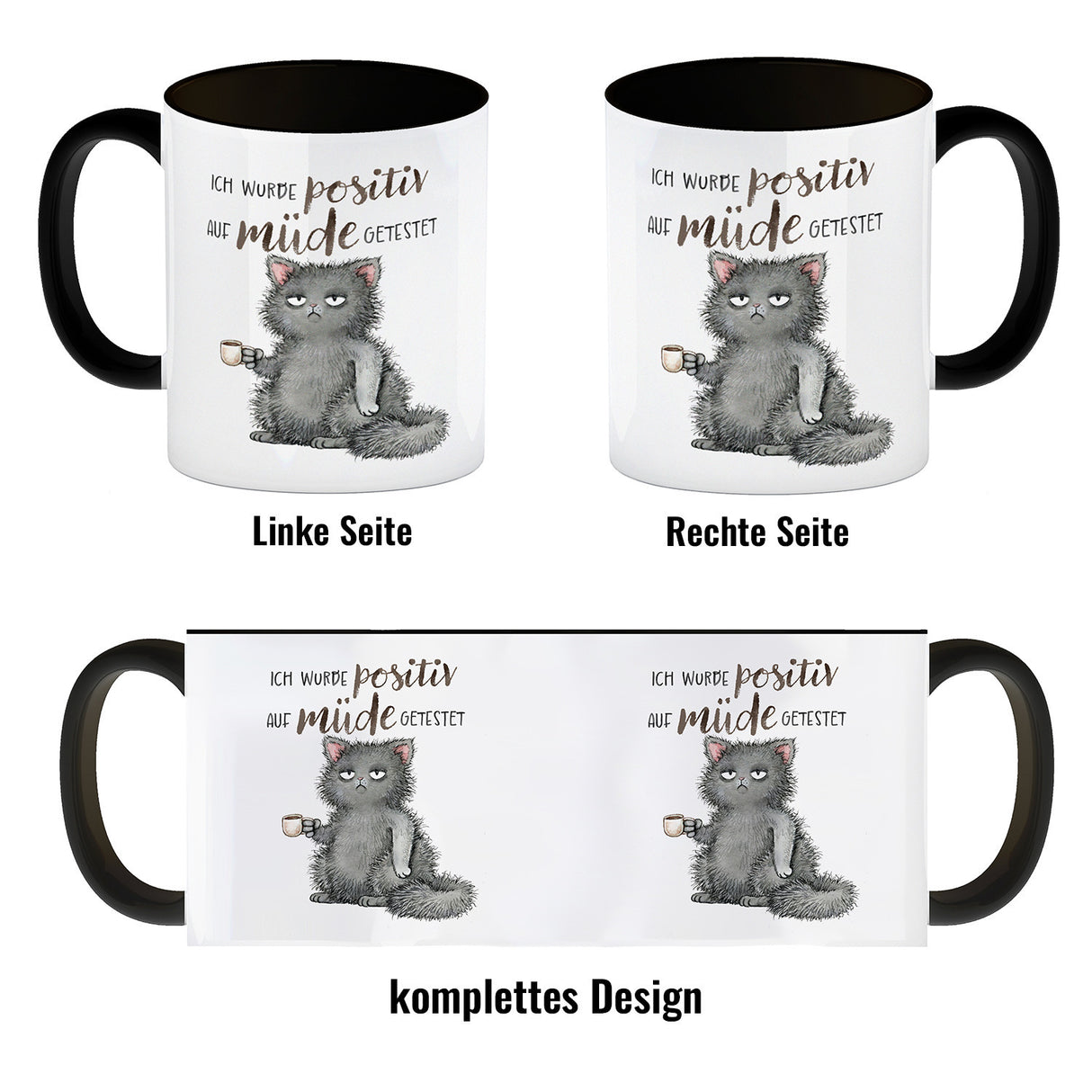 Katze mit Tasse Kaffeebecher mit Spruch positiv auf müde getestet