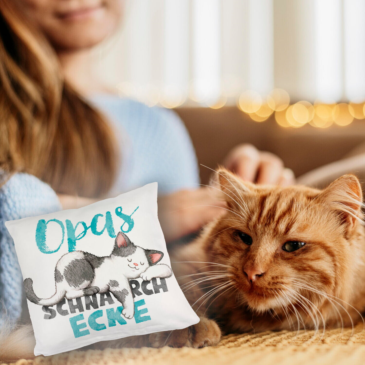Orange Katze Kissen mit Spruch Mamas Schnarchecke