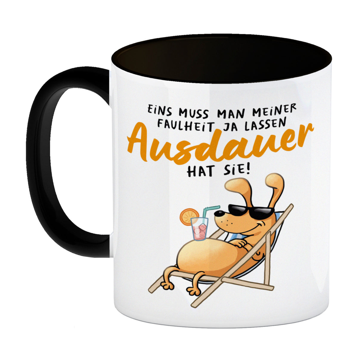 Fauler Hund Kaffeebecher mit Spruch Meine Faulheit hat Ausdauer