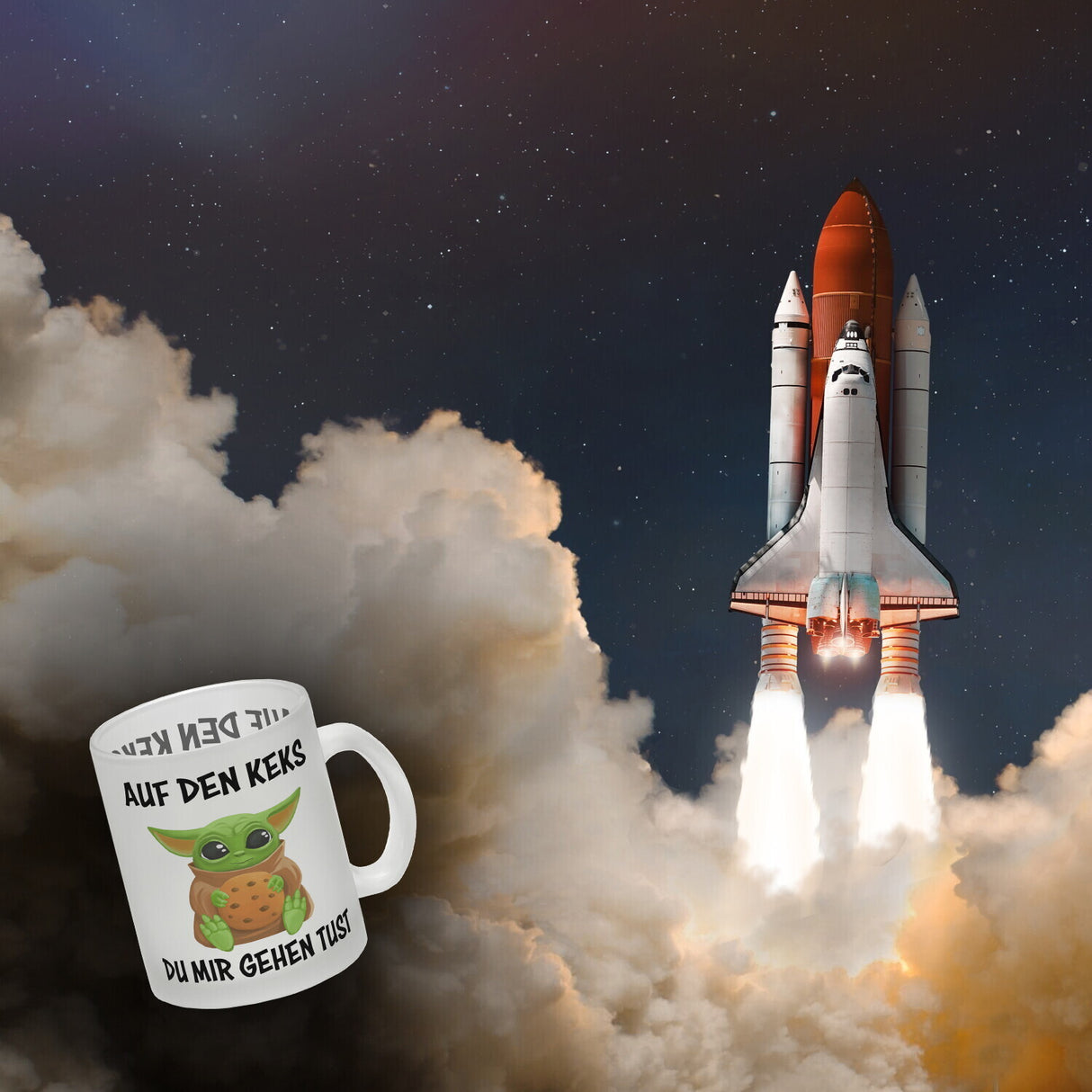 Baby-Alien Kaffeebecher mit Spruch Auf den Keks du mir gehen tust