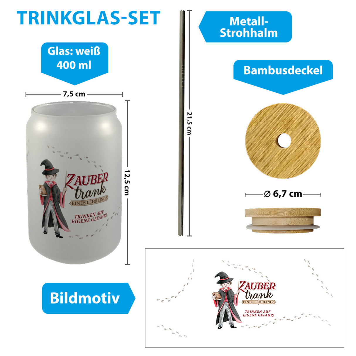 Zaubertrank Trinkglas mit Bambusdeckel mit Zauberschüler