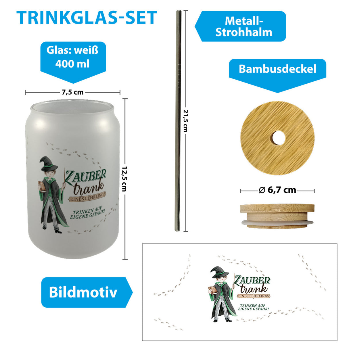 Zaubertrank Trinkglas mit Bambusdeckel mit Zauberschüler