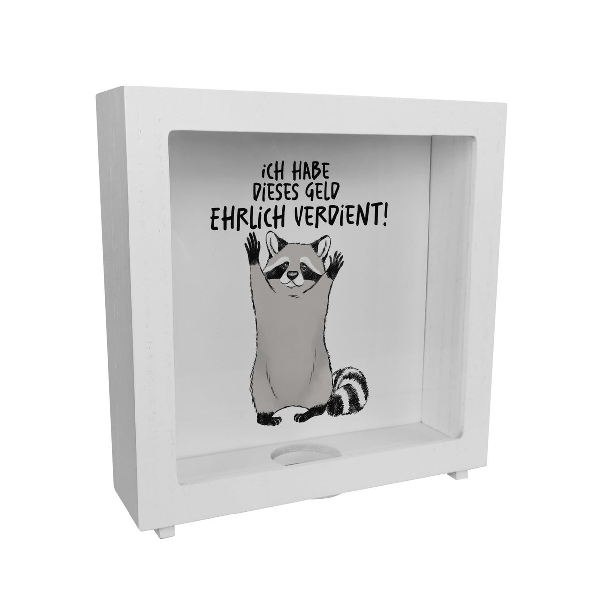 Waschbär Spardose mit Spruch Ich habe dieses Geld ehrlich verdient