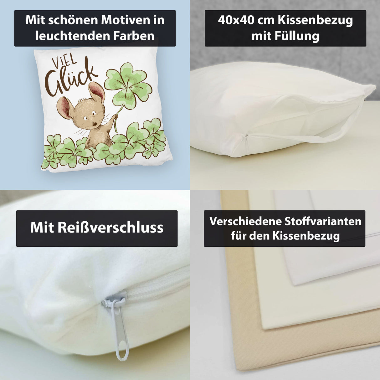 Maus Kissen mit Spruch Viel Glück