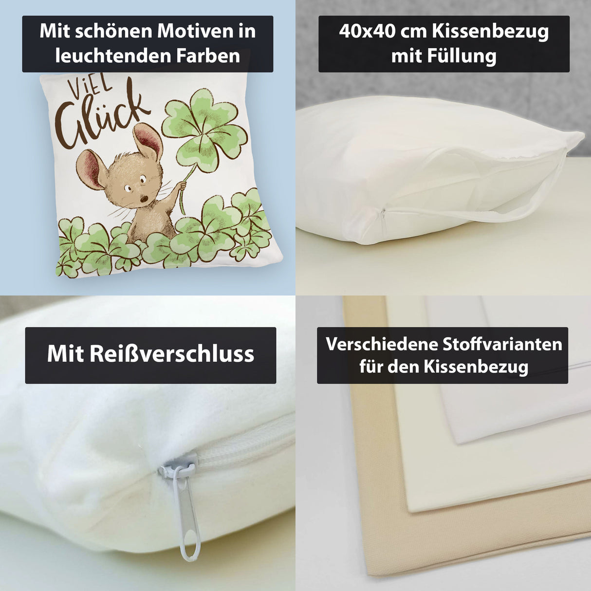 Maus Kissen mit Spruch Viel Glück