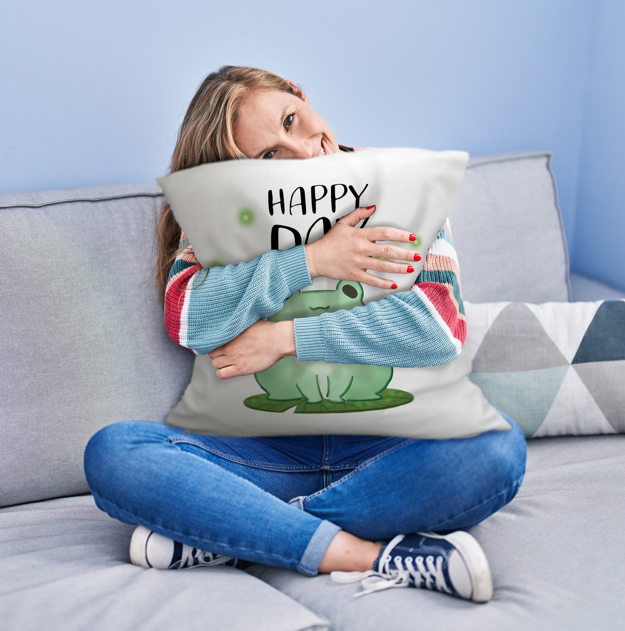 Frosch Kissen mit Spruch Happy Day