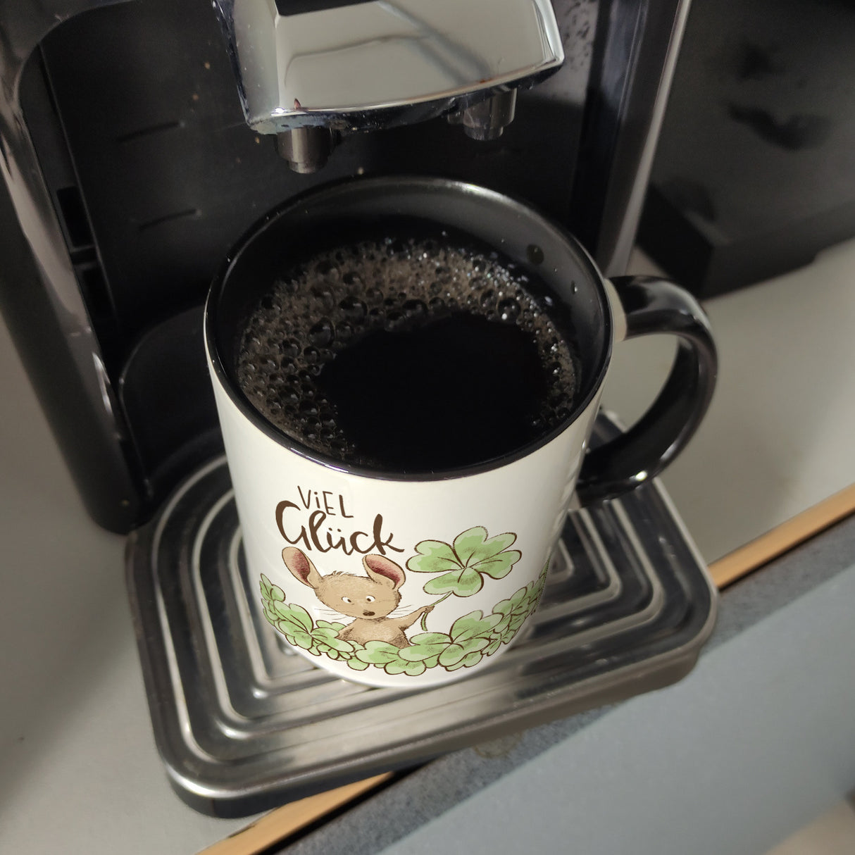 Maus Kaffeebecher mit Spruch Viel Glück
