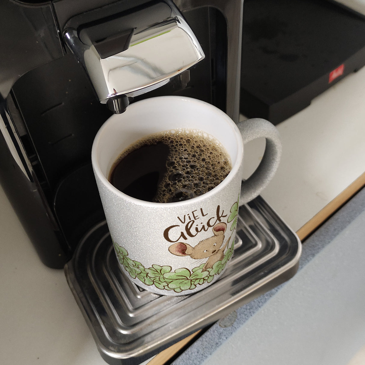 Maus Kaffeebecher mit Spruch Viel Glück