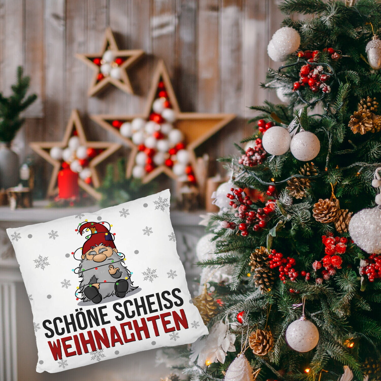 Grimmiger Wichtel Kissen mit Spruch Schöne scheiß Weihnachten