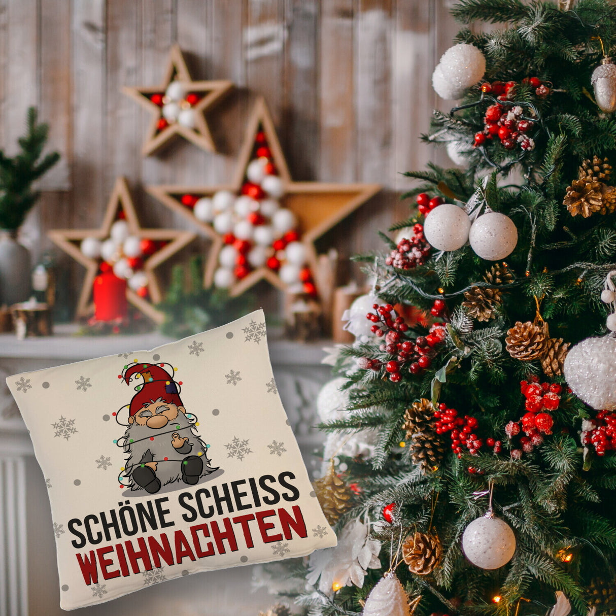 Grimmiger Wichtel Kissen mit Spruch Schöne scheiß Weihnachten