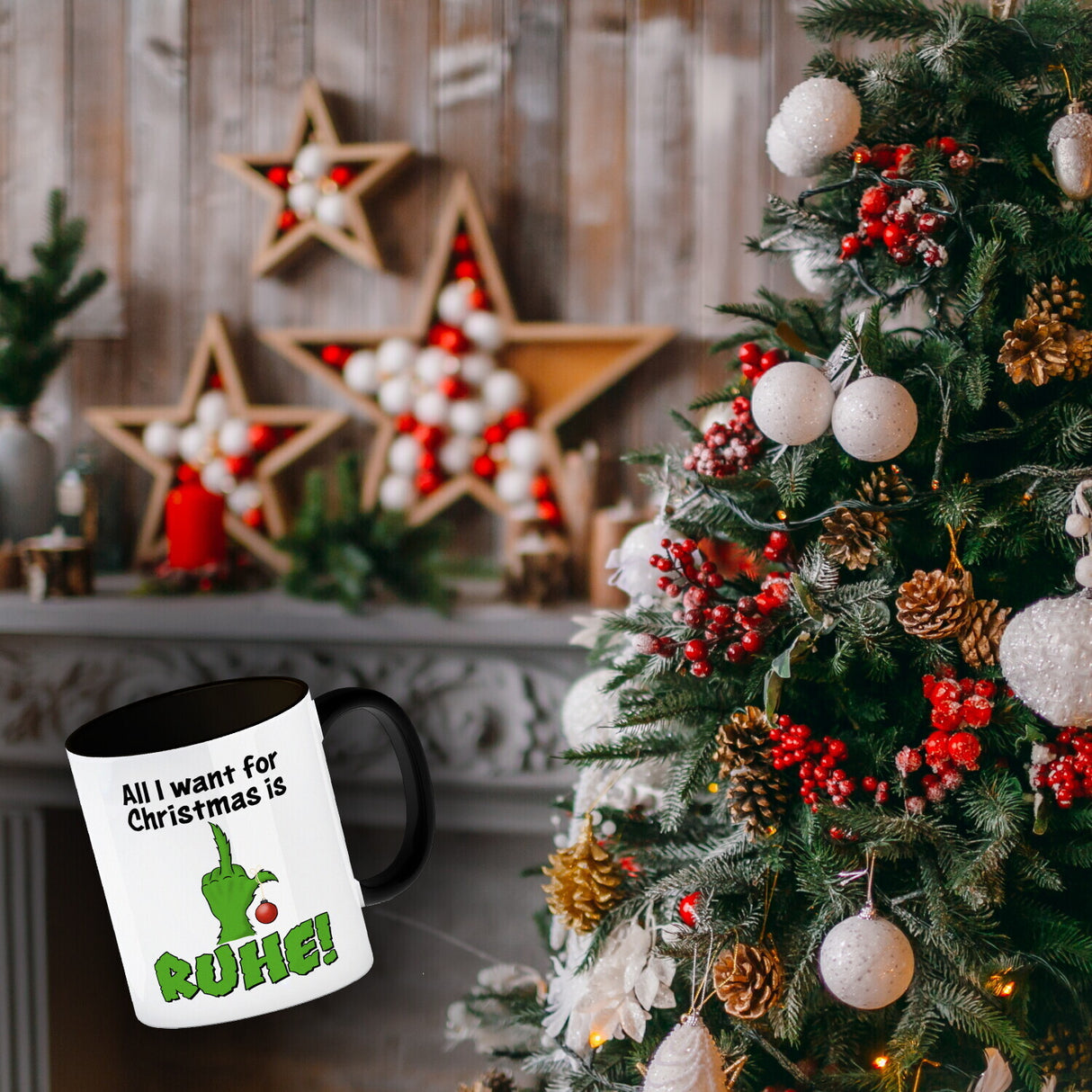 Weihnachtsmuffel Kaffeebecher mit Spruch All I want for Christmas is Ruhe