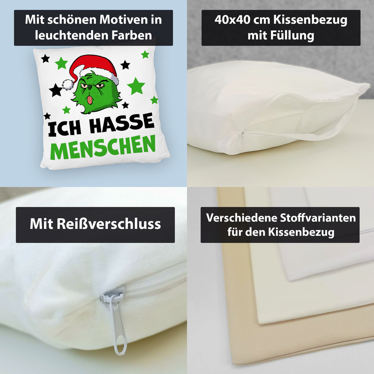 Weihnachtsmuffel Kissen mit Spruch Ich hasse Menschen