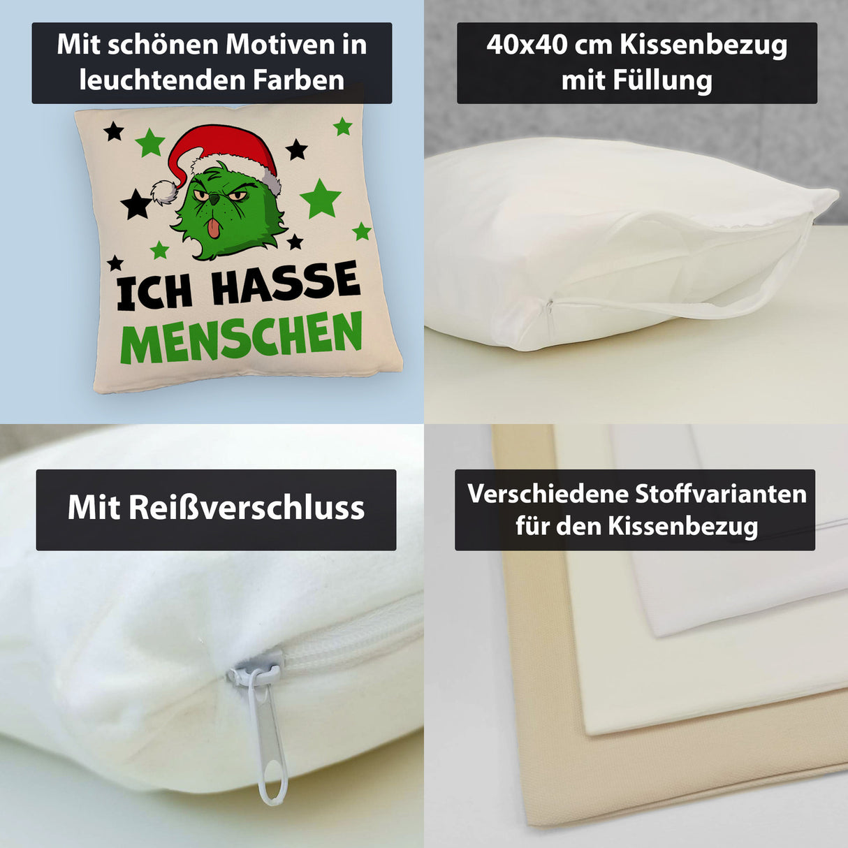 Weihnachtsmuffel Kissen mit Spruch Ich hasse Menschen