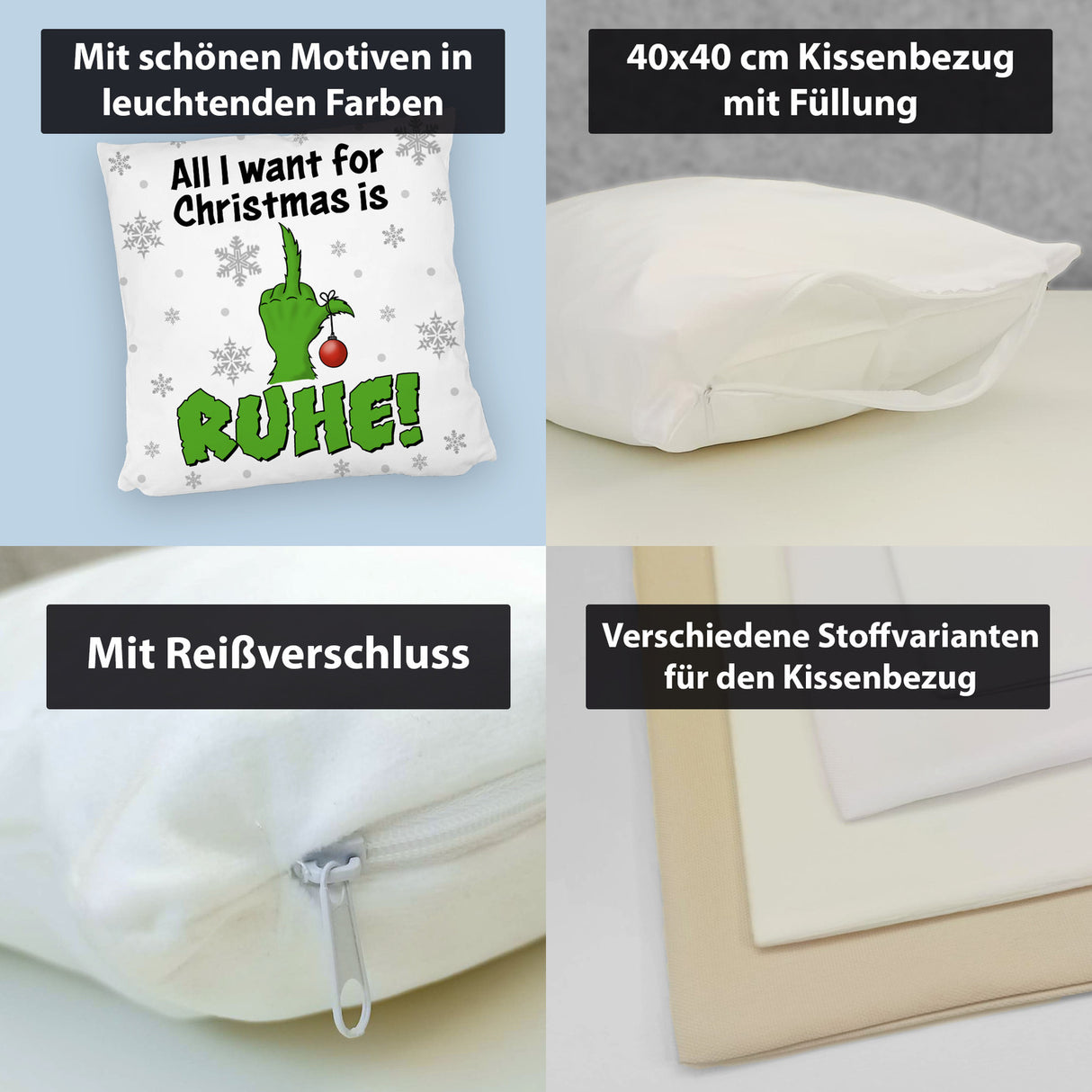 Weihnachtsmuffel Kissen mit Spruch All I want for Christmas is Ruhe